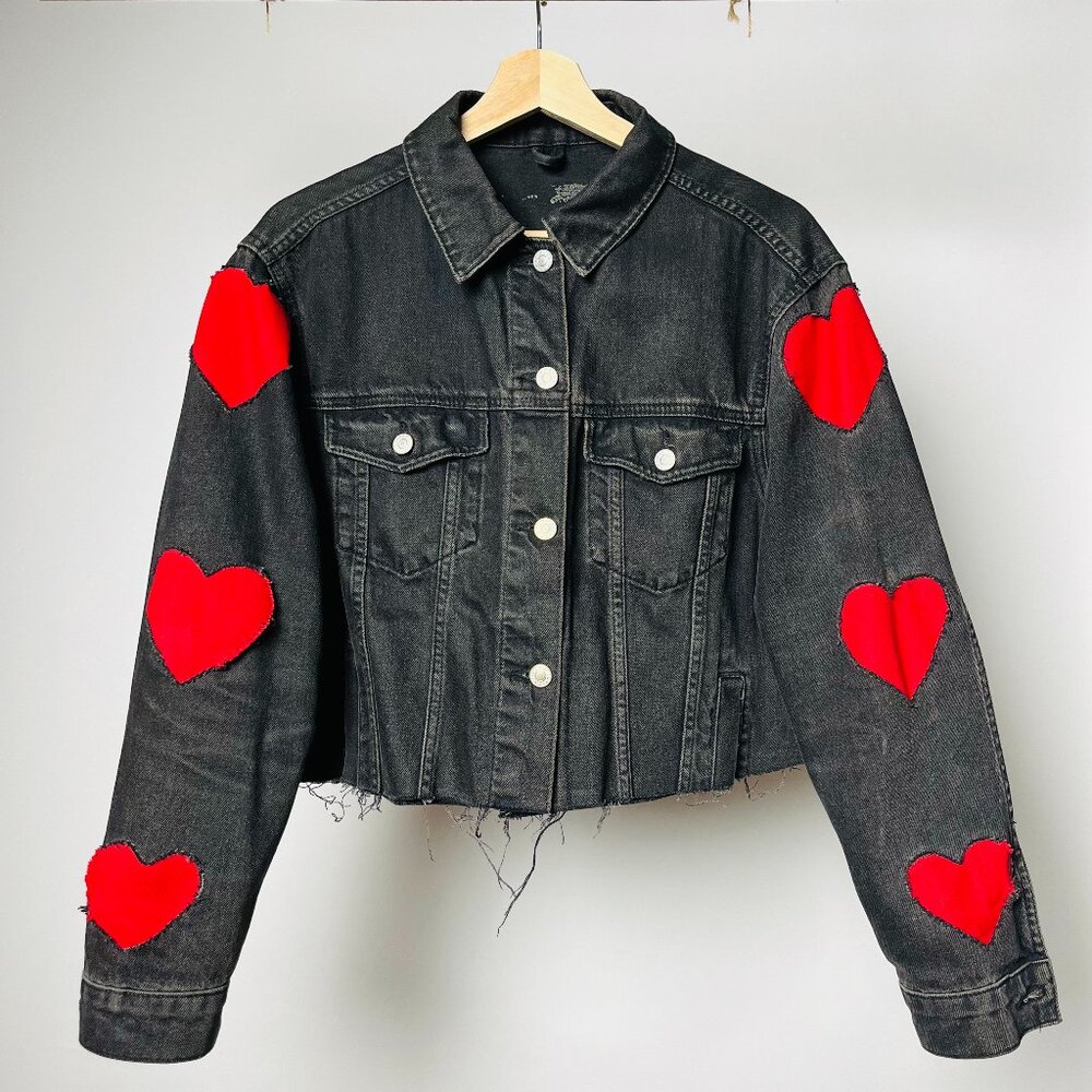 Custom Cropped Raw Hem Heart Patch Studded Punk Rock Top Shop Denim Jacket